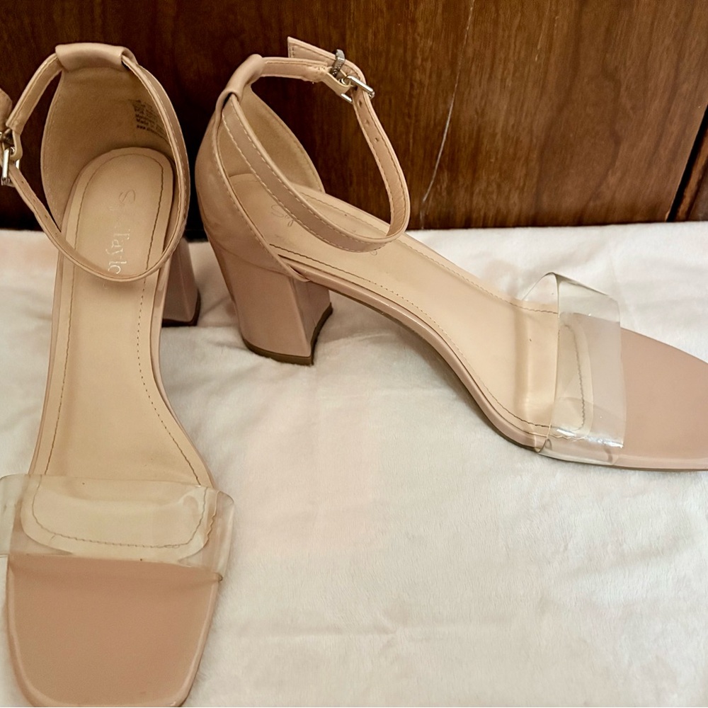 Tan Cream Block Heel Sandals with Transparent Strap